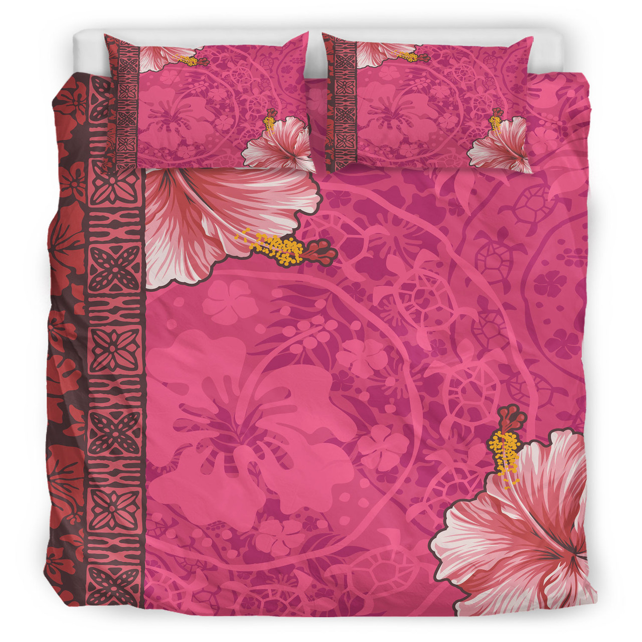 Polynesian Bedding Set - Pinky Hibiscus With Turtles Bedding Set