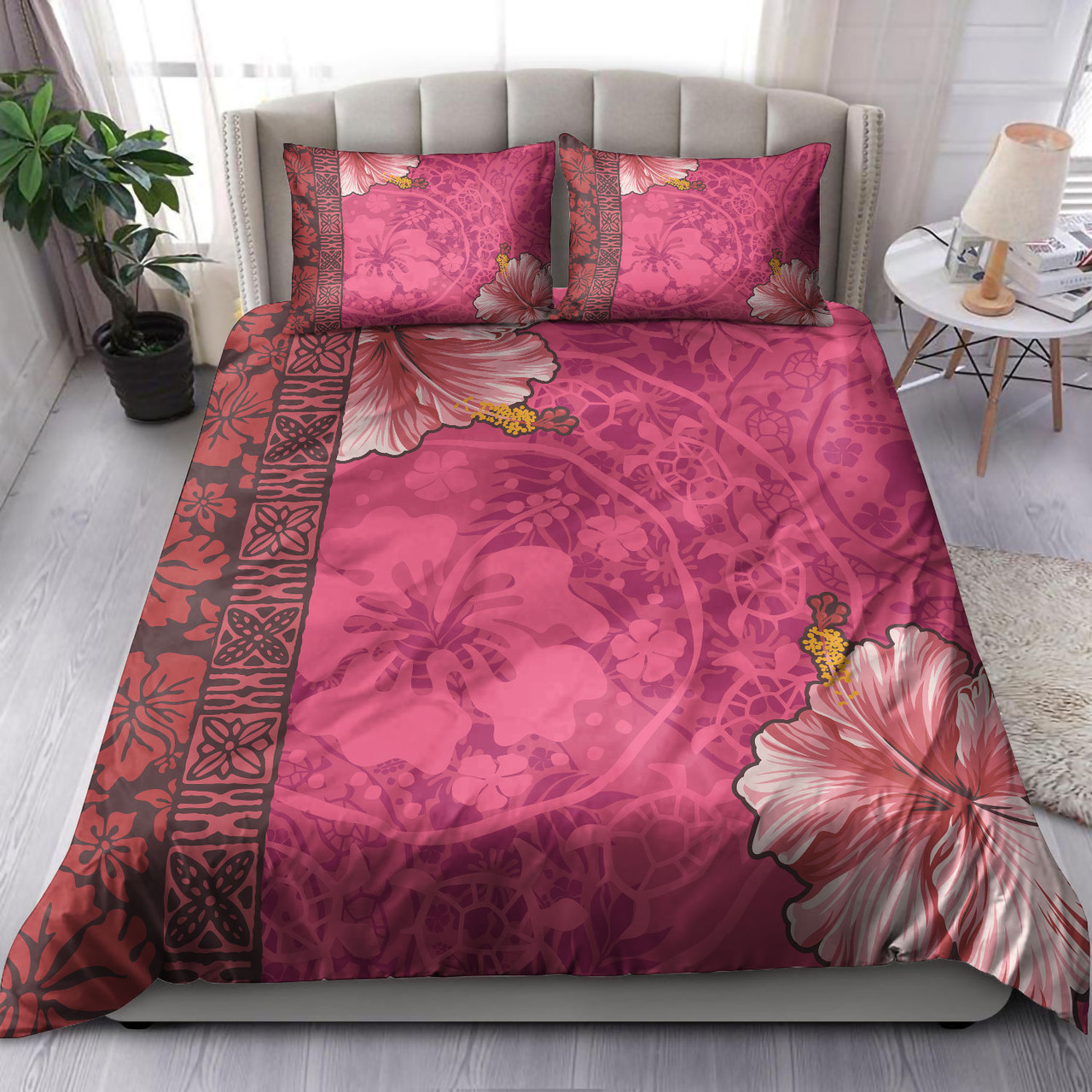 Polynesian Bedding Set - Pinky Hibiscus With Turtles Bedding Set