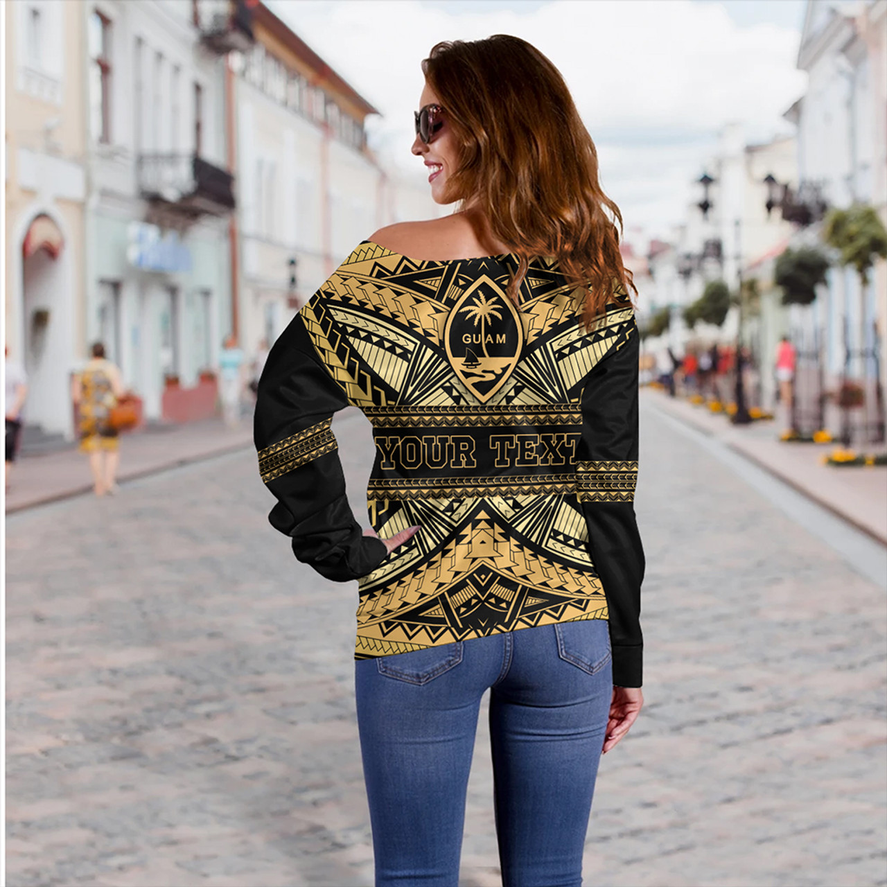 Guam Off Shoulder Sweatshirt Custom Micronesian Gold Luxury Style