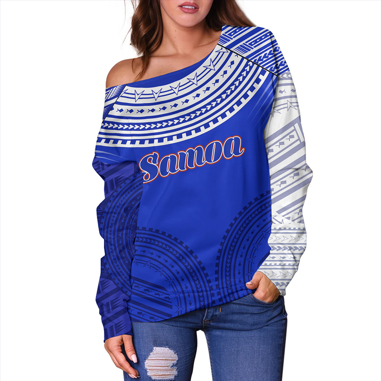 Samoa Off Shoulder Sweatshirt Polynesian Tribal Style Sport