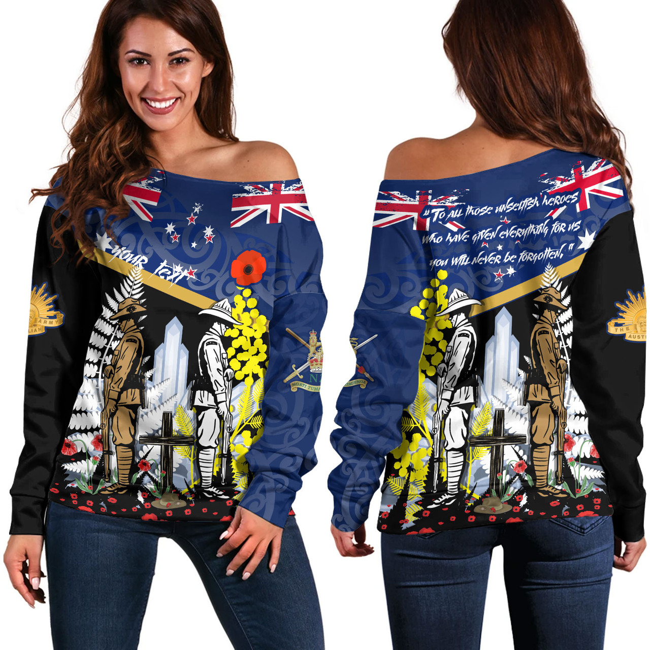 New Zealand Off Shoulder Sweatshirt Custom Australian and New Zealand Army Corps Anzac Day