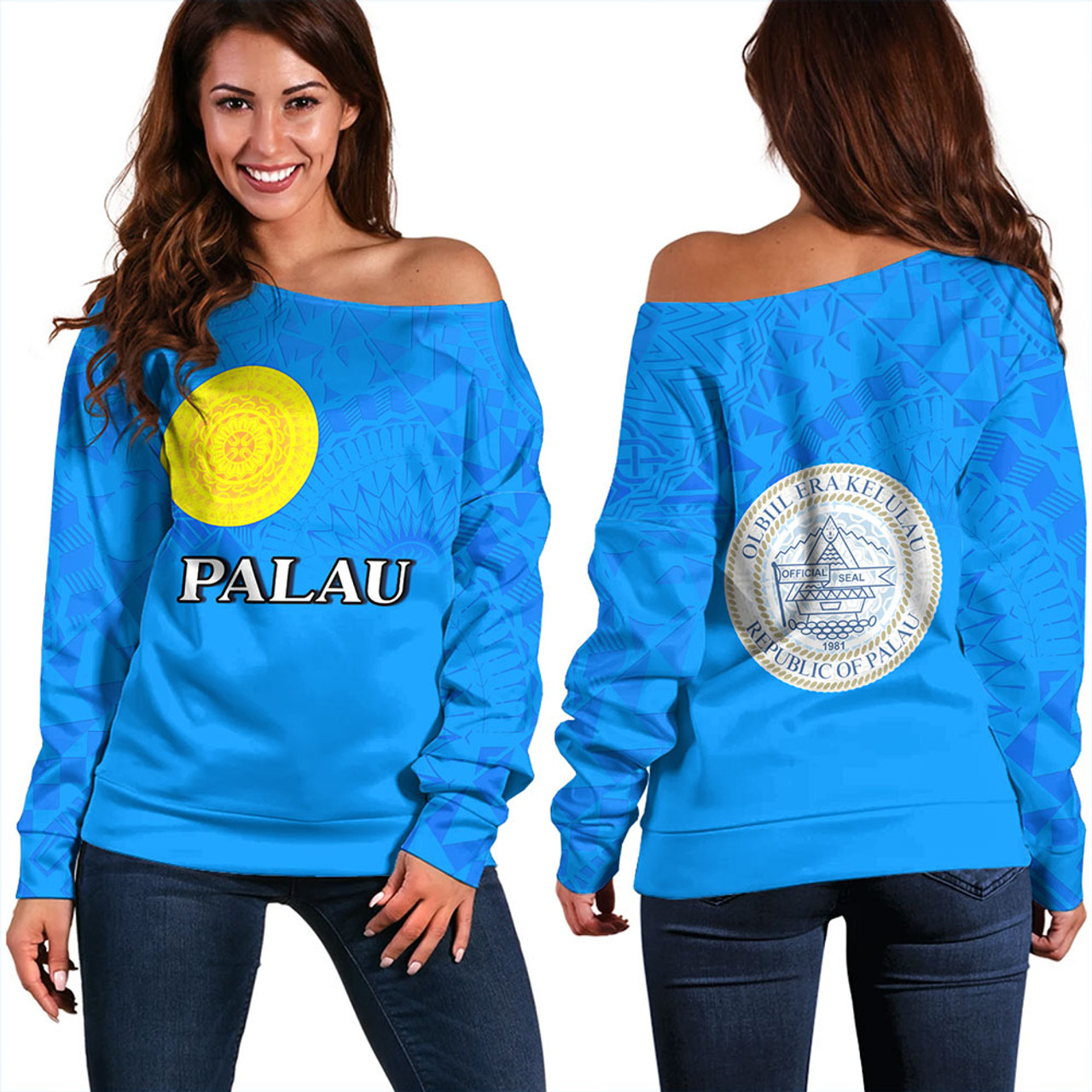 Palau Off Shoulder Sweatshirt Flag Color With Traditional Patterns