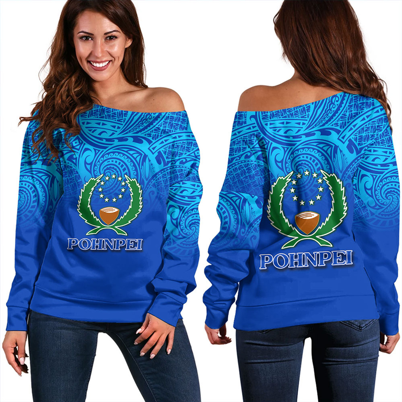 Pohnpei State Off Shoulder Sweatshirt Flag Color With Traditional Patterns