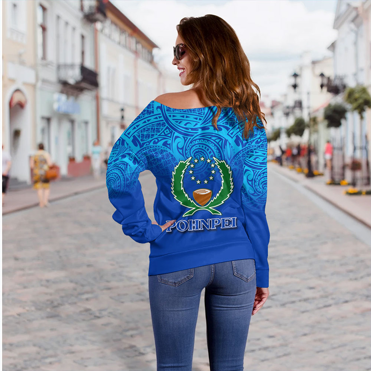 Pohnpei State Off Shoulder Sweatshirt Flag Color With Traditional Patterns