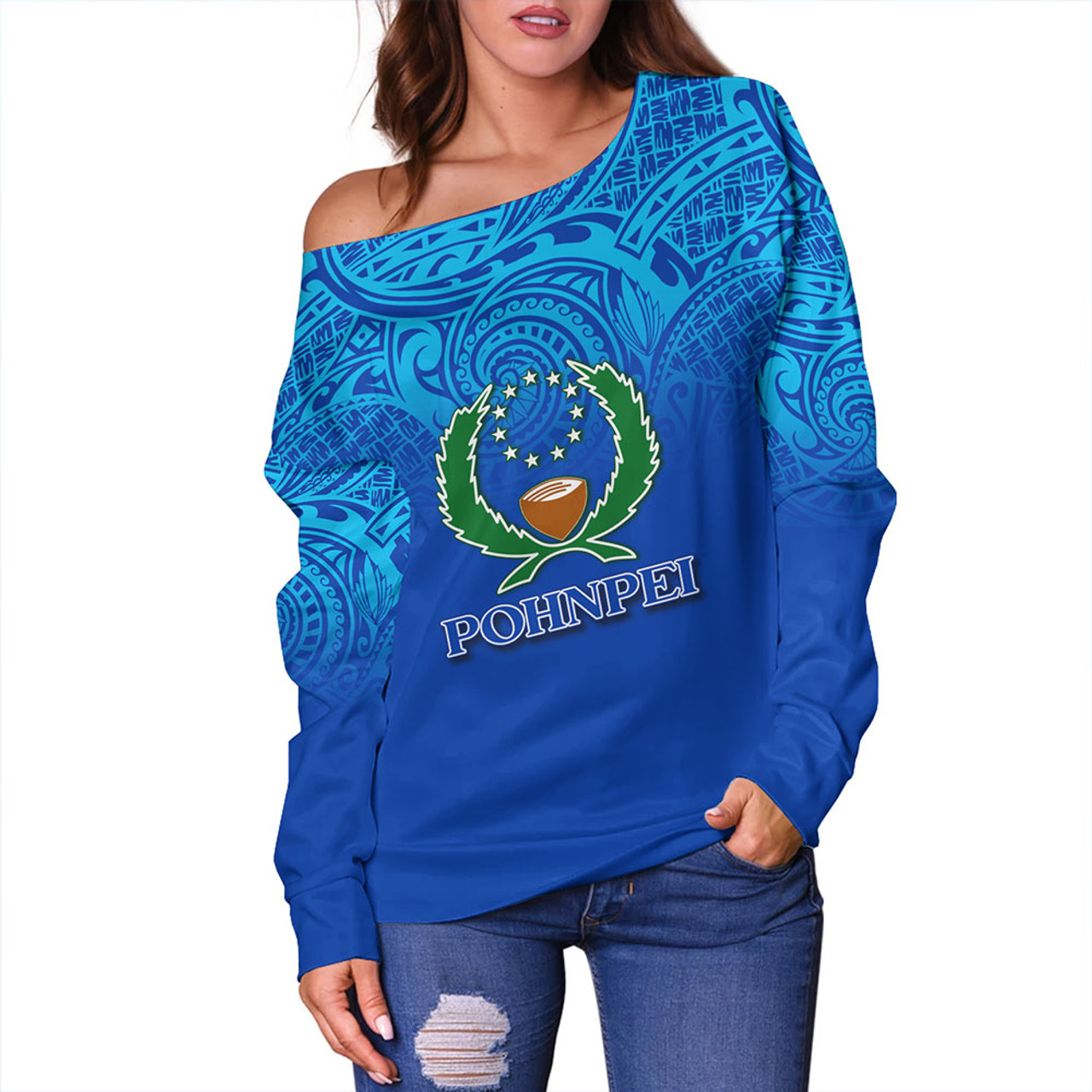 Pohnpei State Off Shoulder Sweatshirt Flag Color With Traditional Patterns