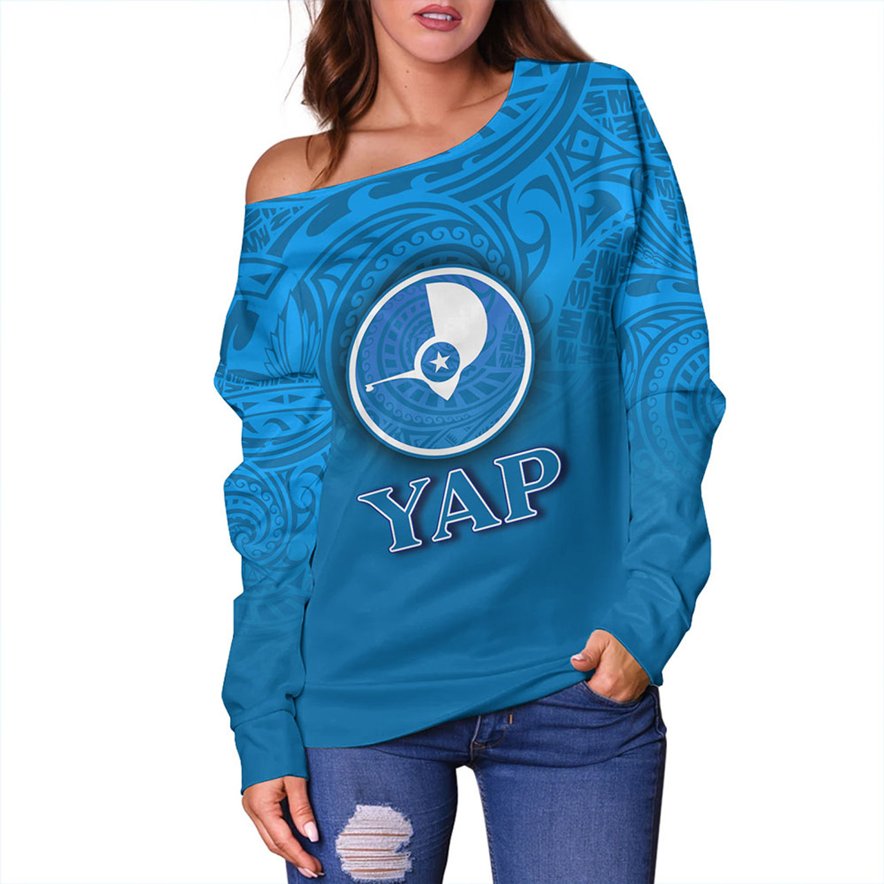 Yap State Off Shoulder Sweatshirt Flag Color With Traditional Patterns