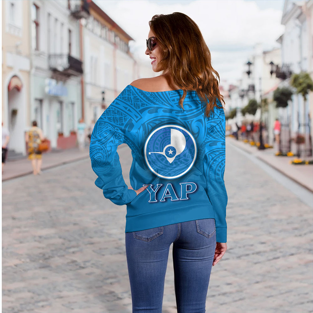 Yap State Off Shoulder Sweatshirt Flag Color With Traditional Patterns