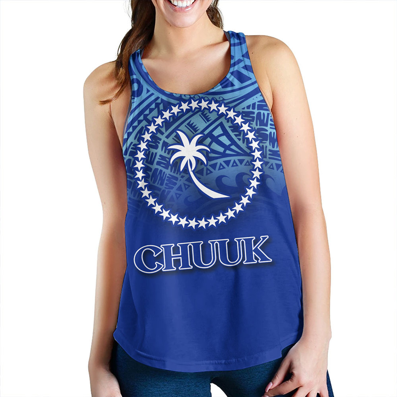 Chuuk State Women Tank Flag Color With Traditional Patterns