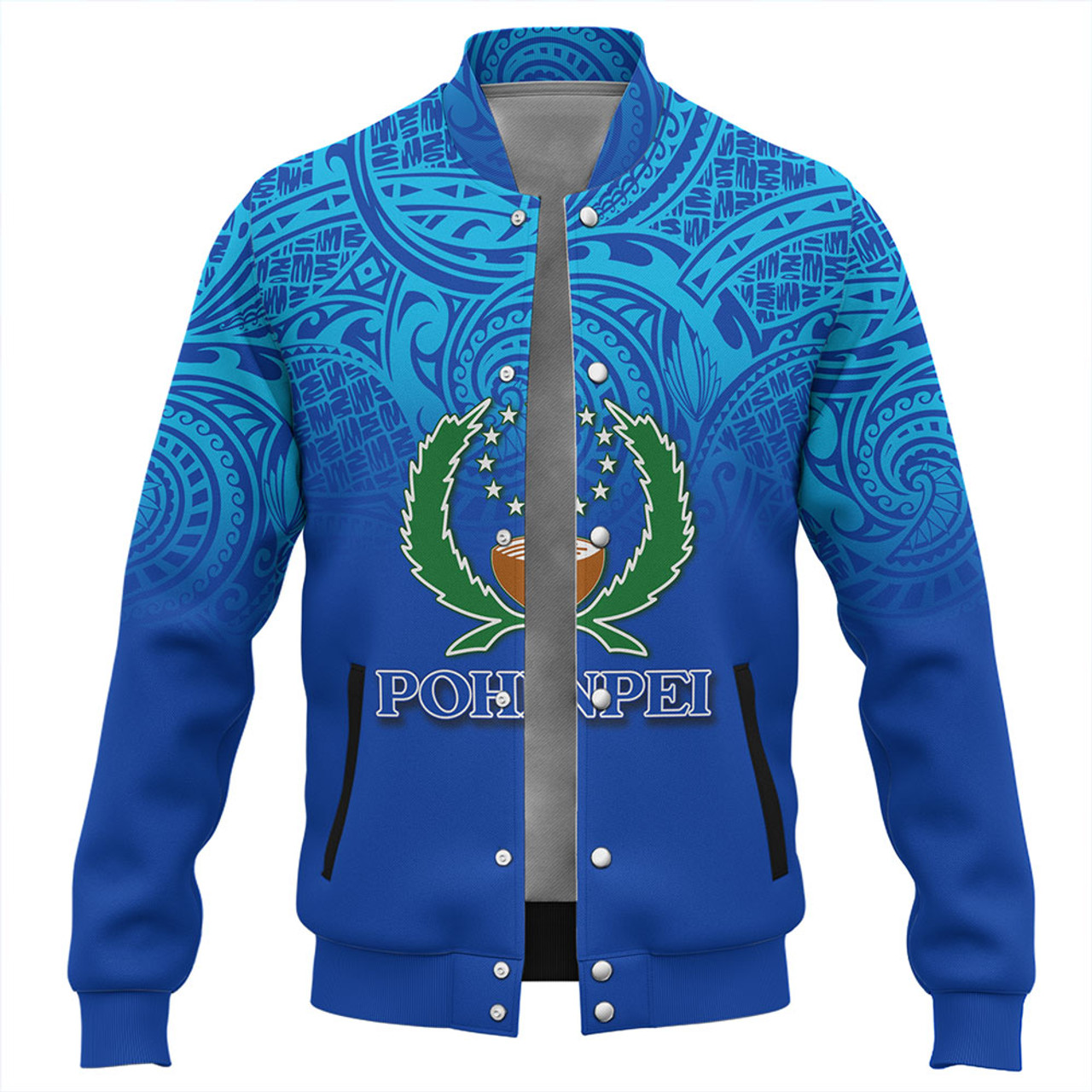 Pohnpei State Baseball Jacket Flag Color With Traditional Patterns