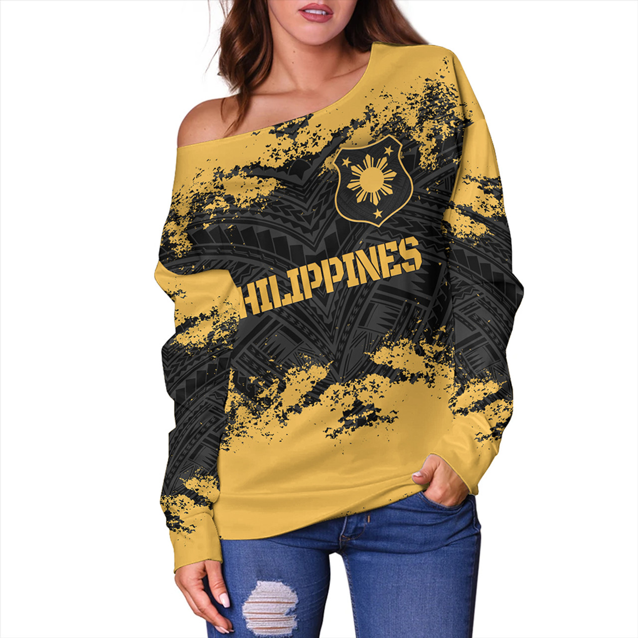 Philippines Filipinos Off Shoulder Sweatshirt Custom Grunge Texture Tribal Pattern