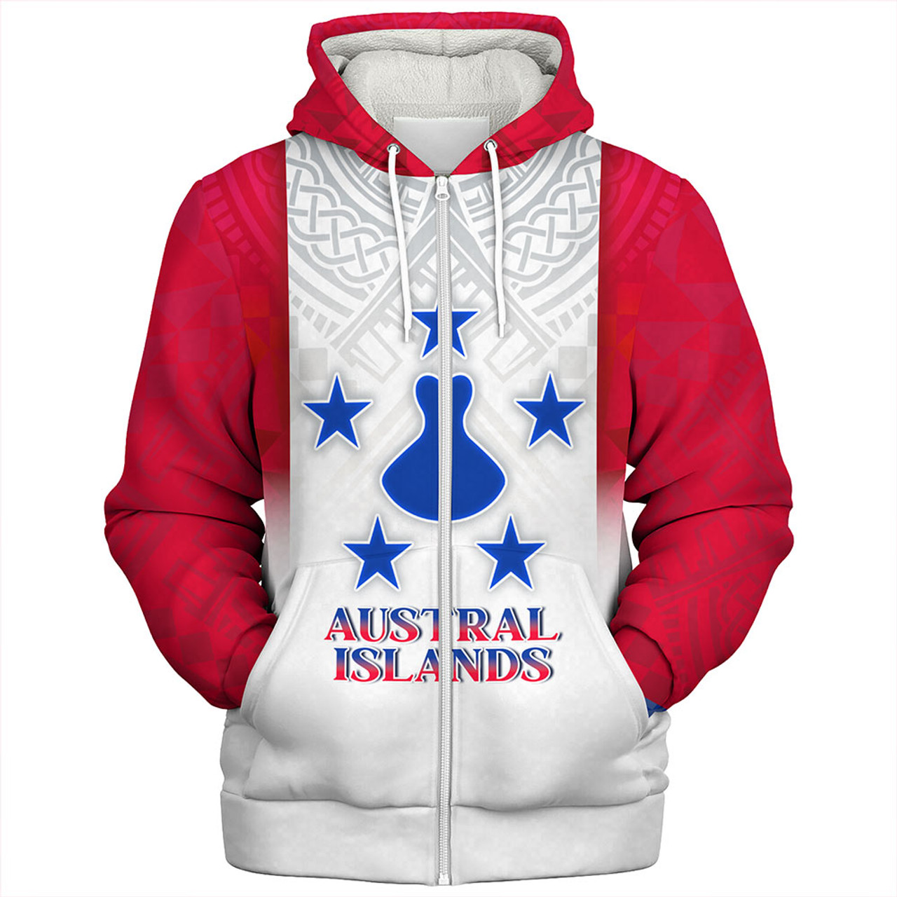 Austral Islands Sherpa Hoodie Flag Color With Traditional Patterns