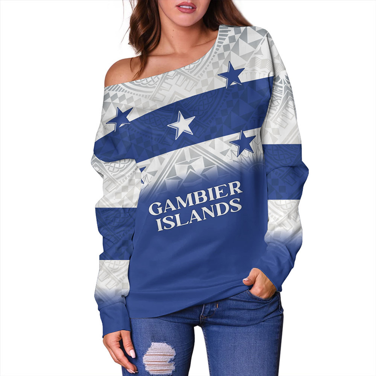 Gambier Islands Off Shoulder Sweatshirt Flag Color With Traditional Patterns