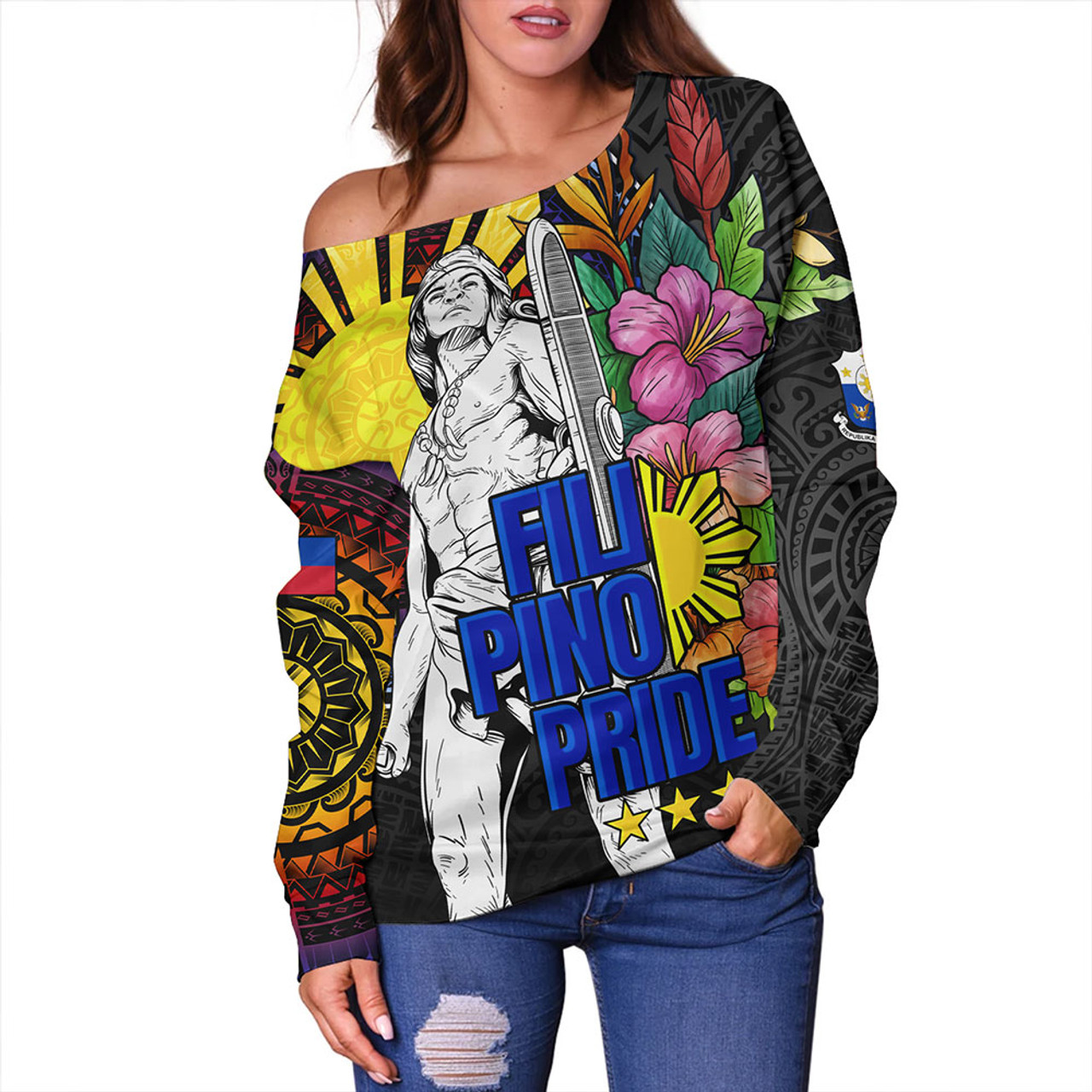 Philippines Filipinos Off Shoulder Sweatshirt Lapu-lapu Hero With Philippines Flowers Style