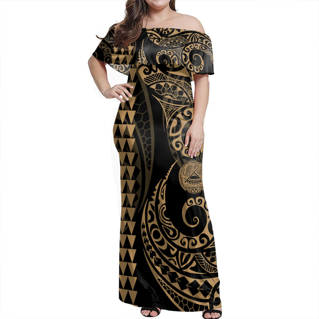 American Samoa Woman Off Shoulder Long Dress Coat Of Arms Kakau Style Gold