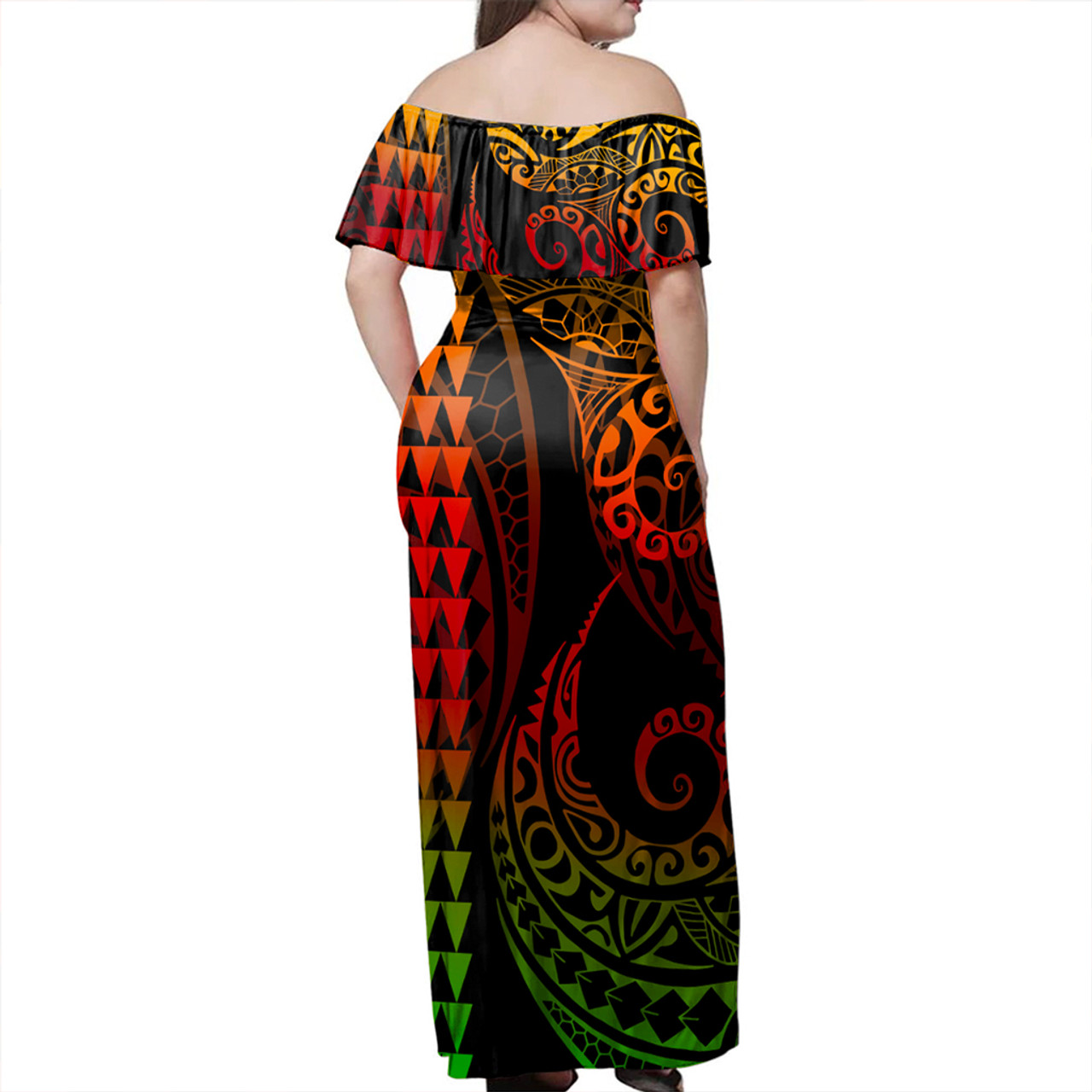 American Samoa Woman Off Shoulder Long Dress Coat Of Arms Kakau Style Reggae