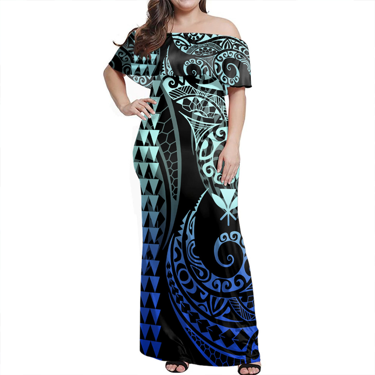 Hawaii Woman Off Shoulder Long Dress Kanaka Coat Of Arms Kakau Style Gradient Blue