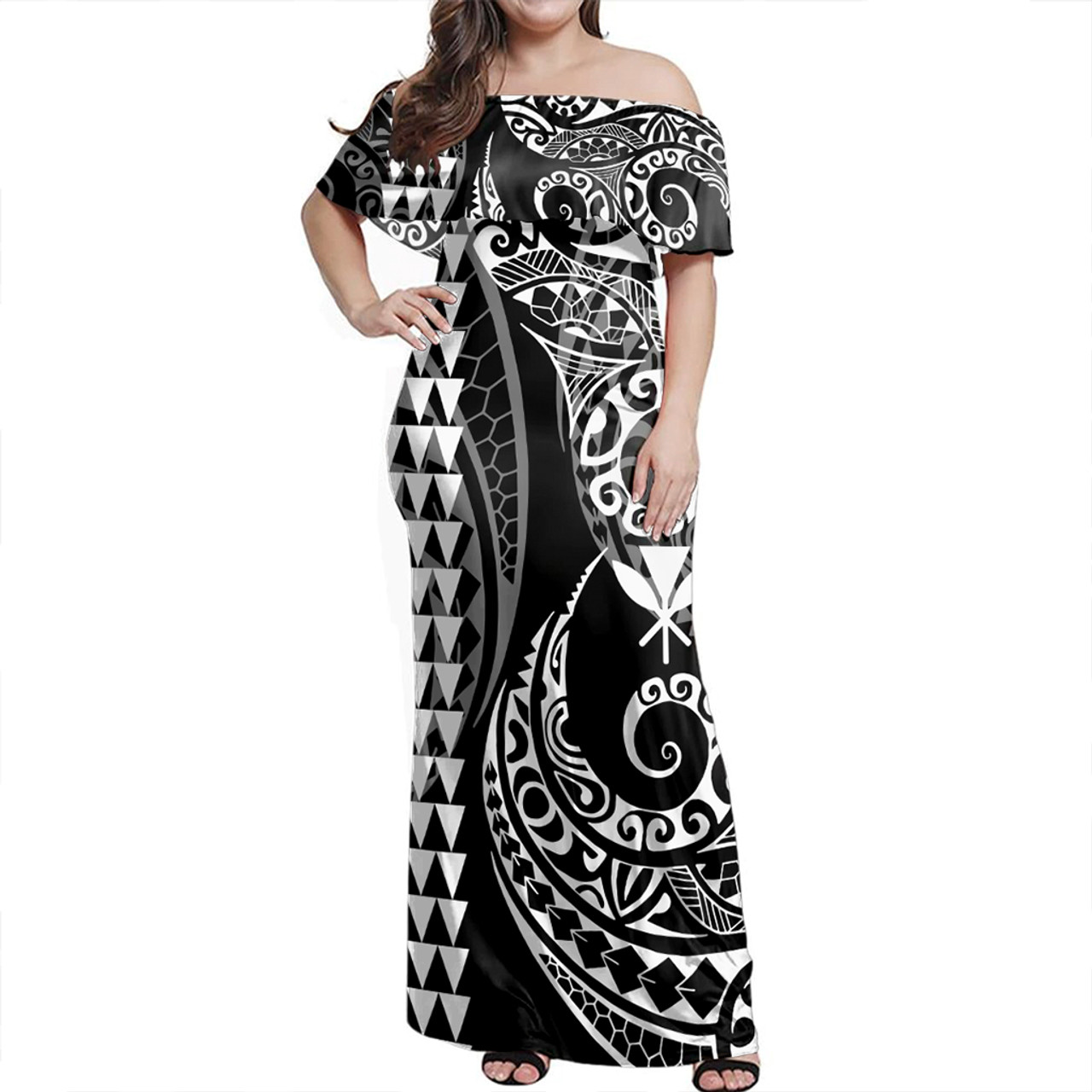 Hawaii Woman Off Shoulder Long Dress Kanaka Coat Of Arms Kakau Style White