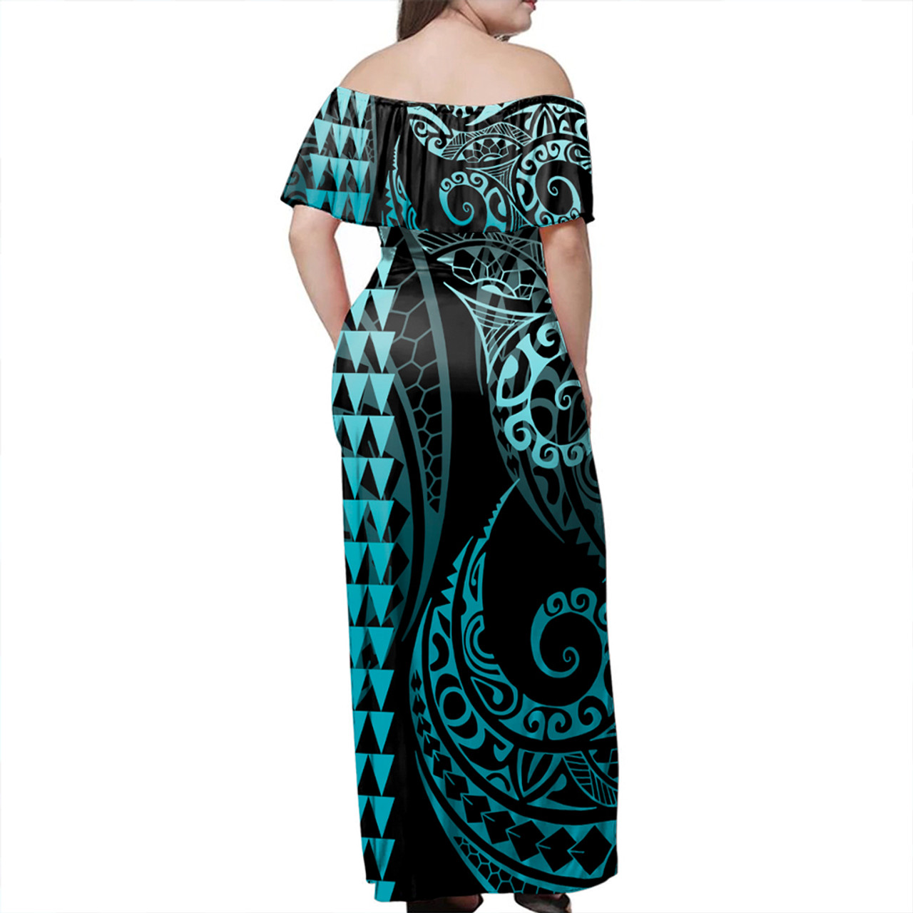 Hawaii Woman Off Shoulder Long Dress Kanaka Coat Of Arms Kakau Style Turquoise
