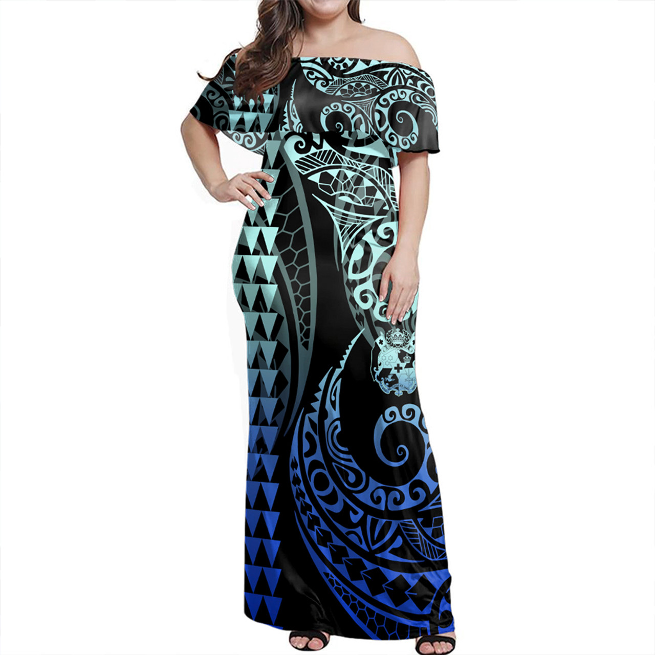 Tonga Woman Off Shoulder Long Dress Coat Of Arms Kakau Style Gradient Blue