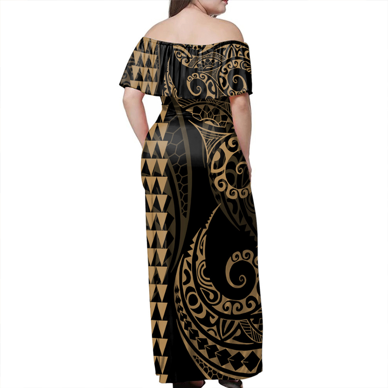 Tonga Woman Off Shoulder Long Dress Coat Of Arms Kakau Style Gold