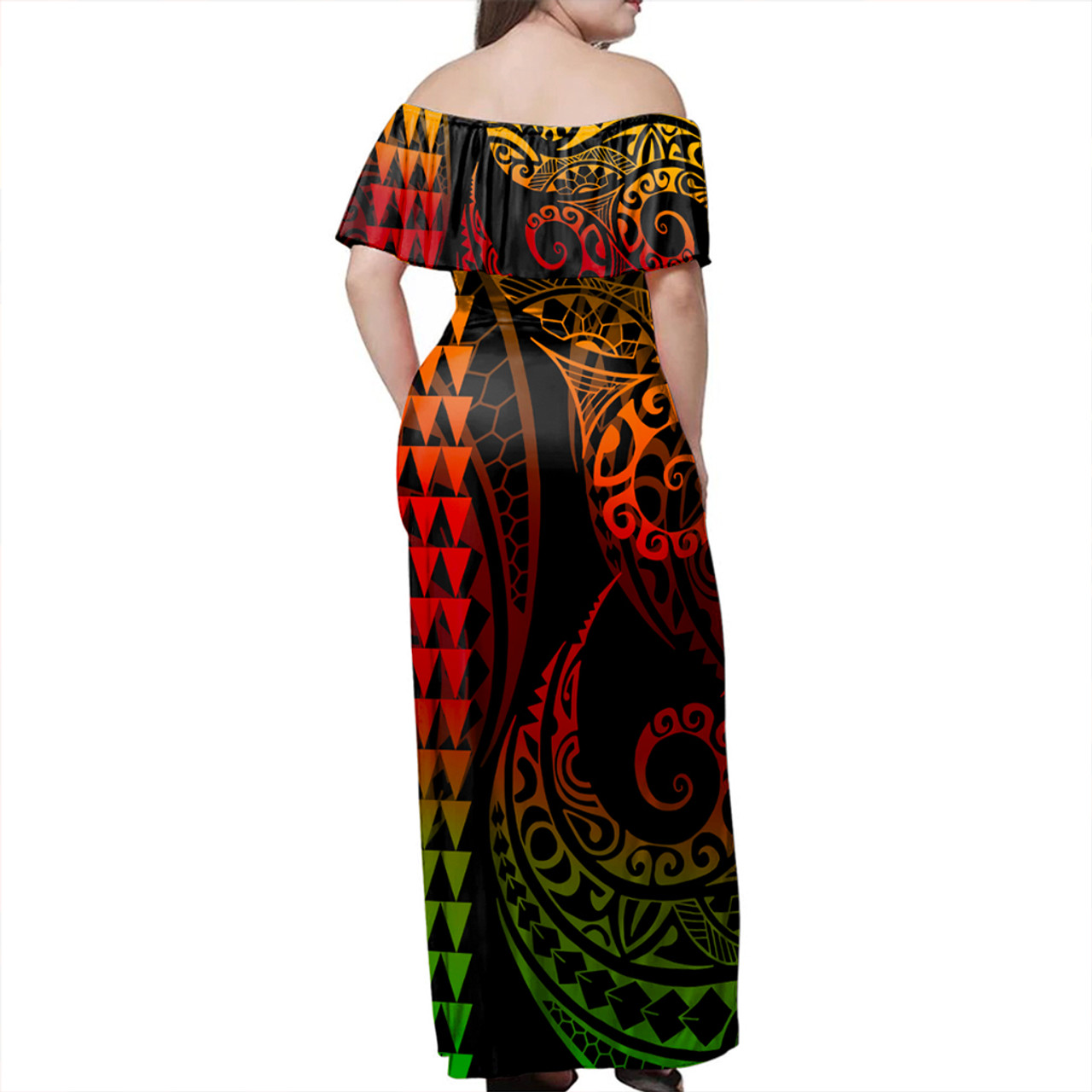 Tonga Woman Off Shoulder Long Dress Coat Of Arms Kakau Style Reggae