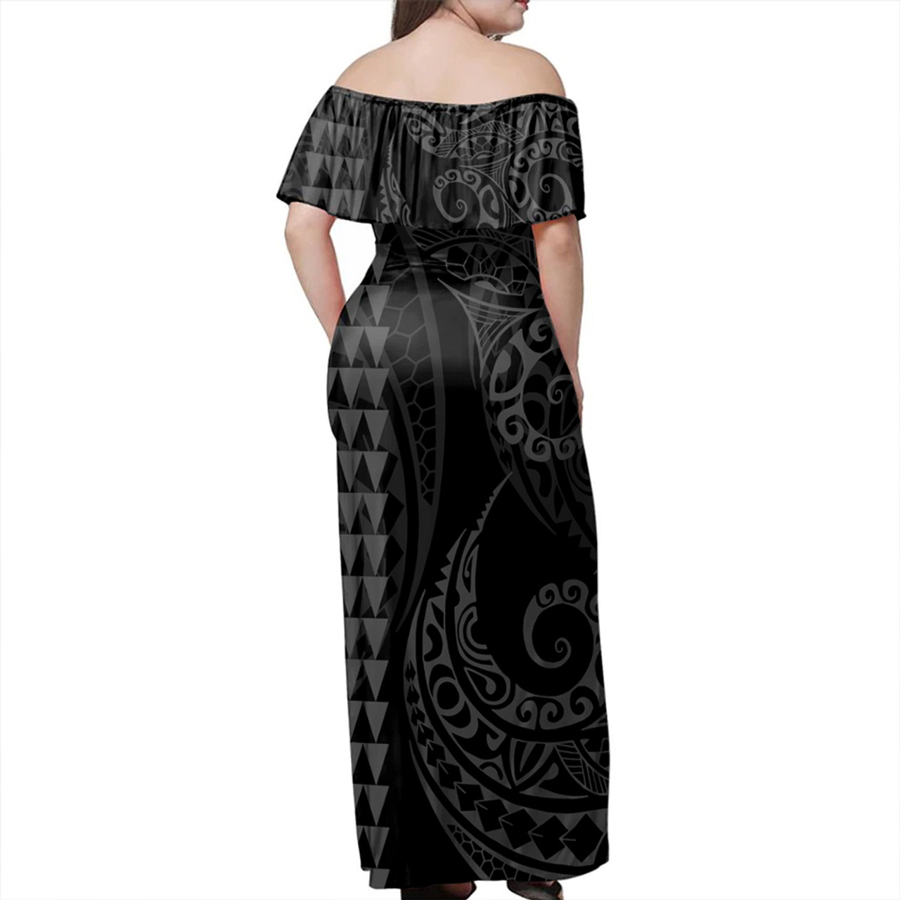 Fiji Woman Off Shoulder Long Dress Coat Of Arms Kakau Style Grey