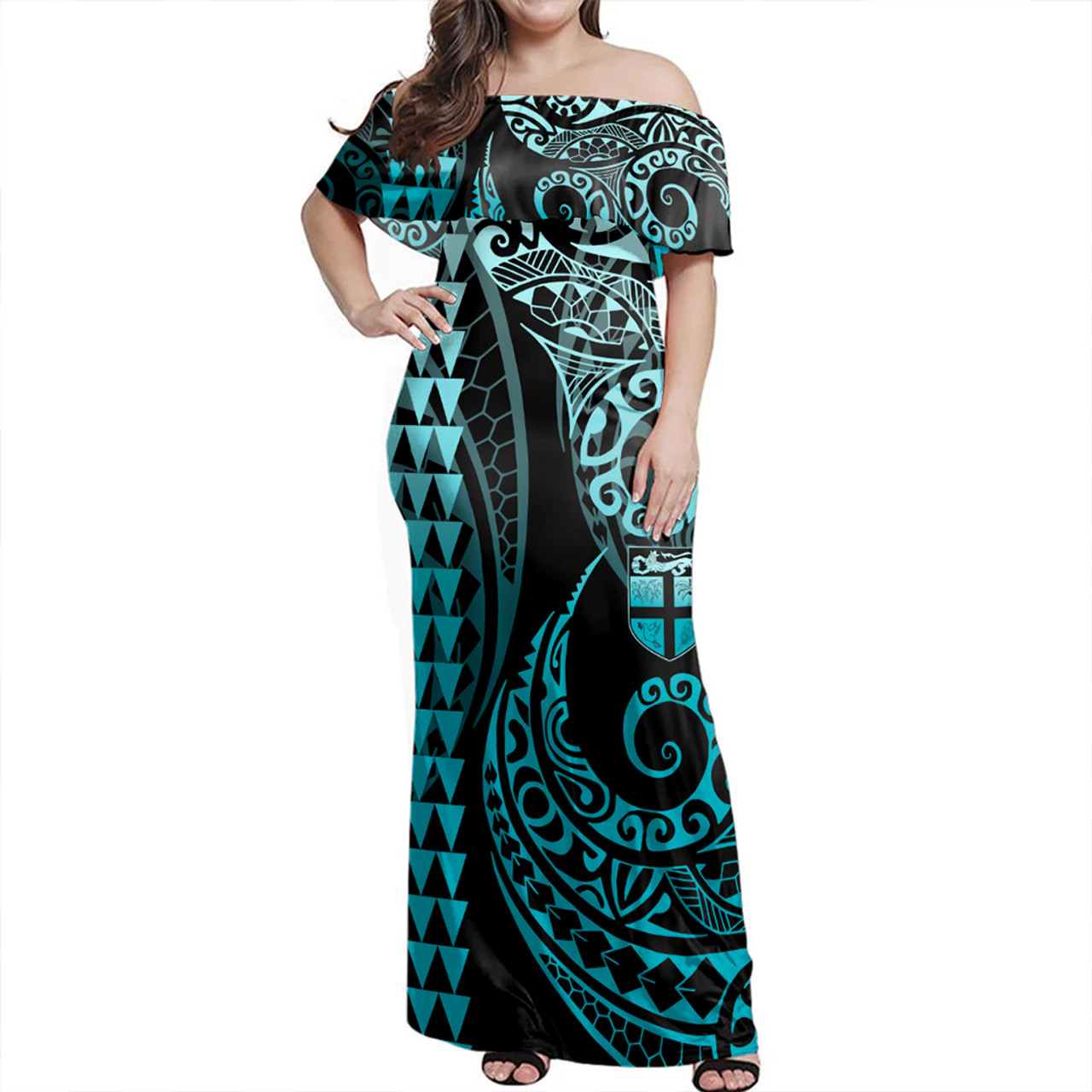 Fiji Woman Off Shoulder Long Dress Coat Of Arms Kakau Style Turquoise