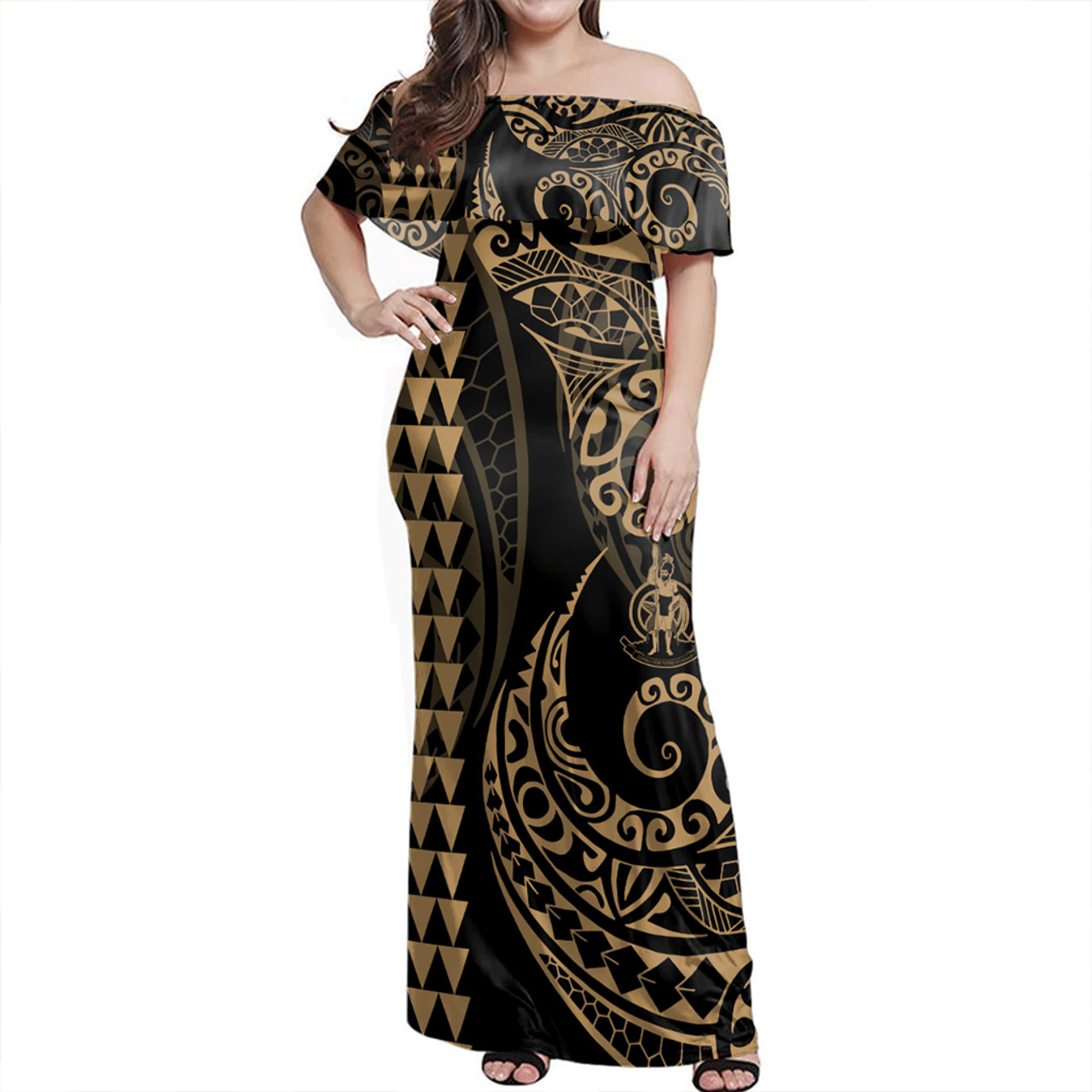 Vanuatu Woman Off Shoulder Long Dress Coat Of Arms Kakau Style Gold