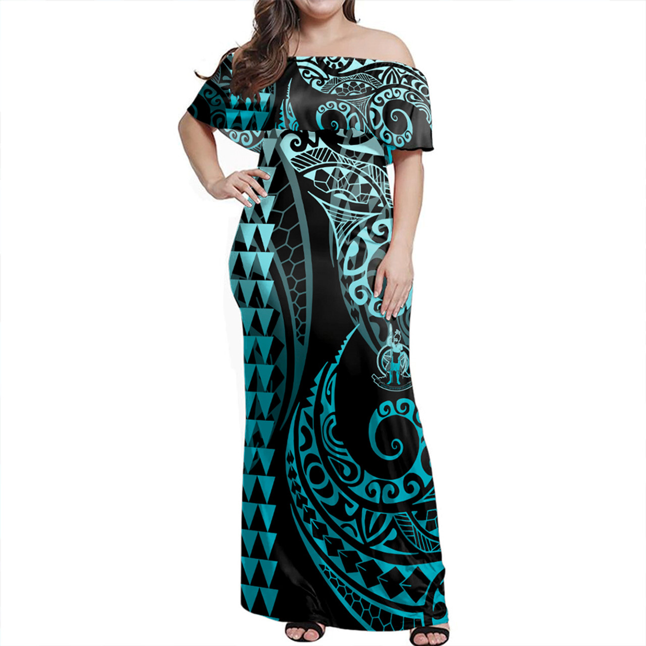 Vanuatu Woman Off Shoulder Long Dress Coat Of Arms Kakau Style Turquoise