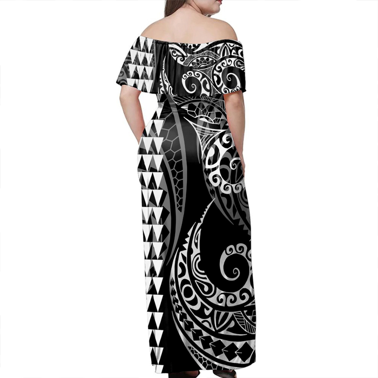 Chuuk State Woman Off Shoulder Long Dress Coat Of Arms Kakau Style White