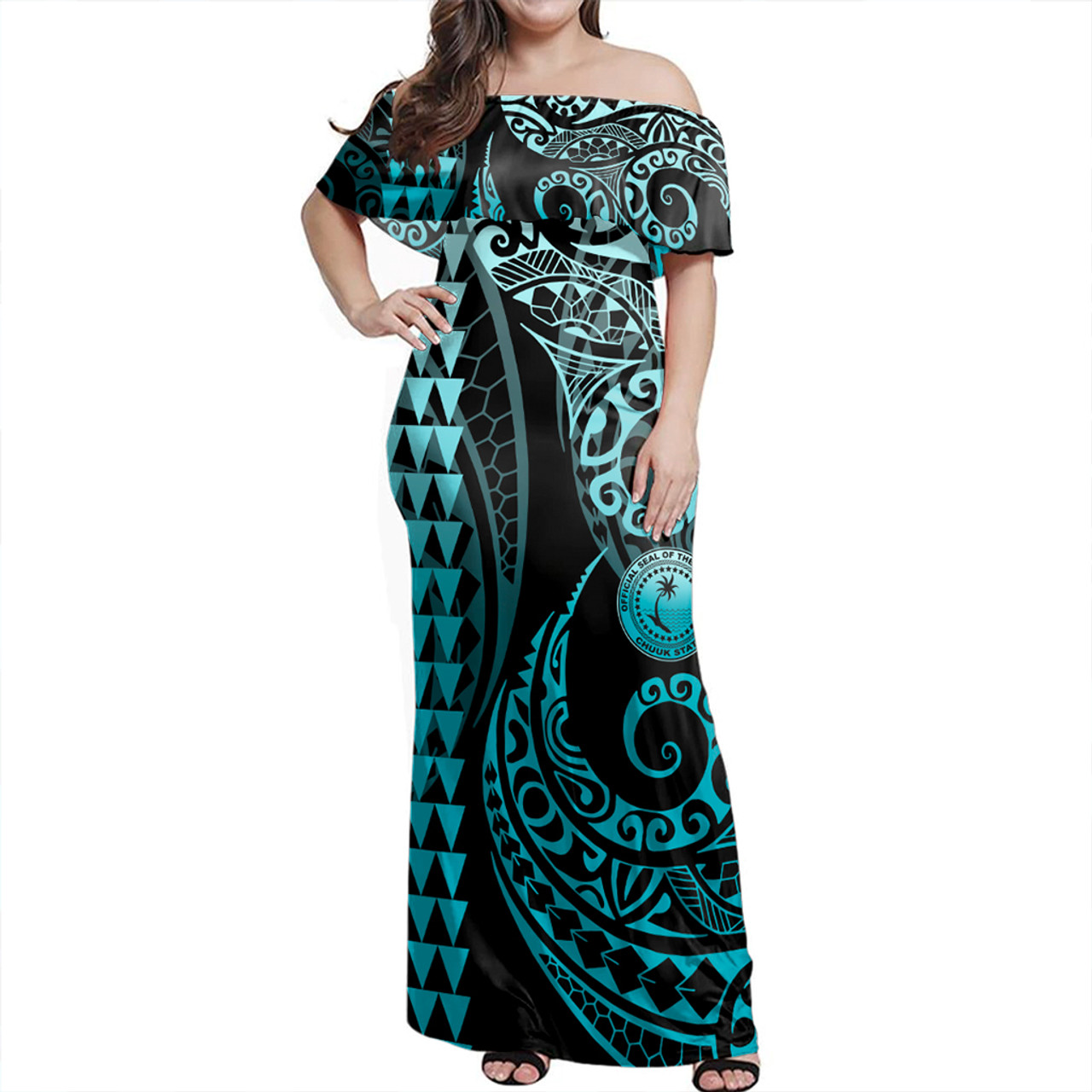 Chuuk State Woman Off Shoulder Long Dress Coat Of Arms Kakau Style Turquoise