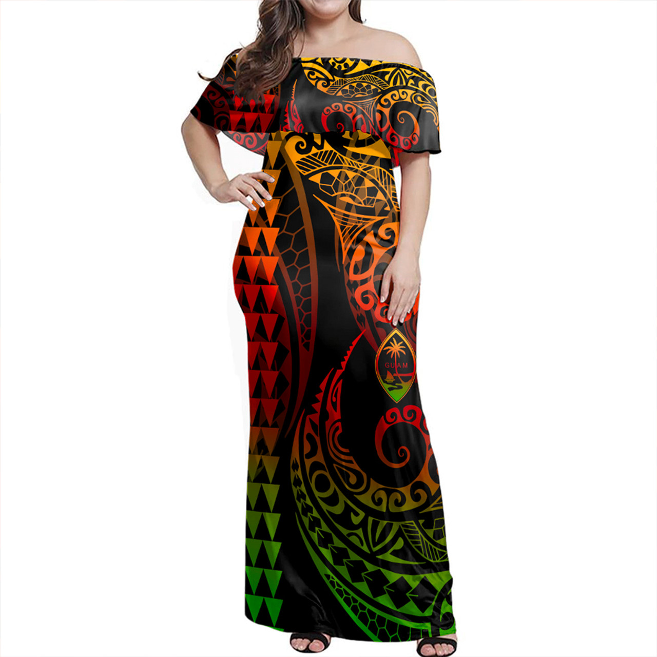 Guam Woman Off Shoulder Long Dress Coat Of Arms Kakau Style Reggae