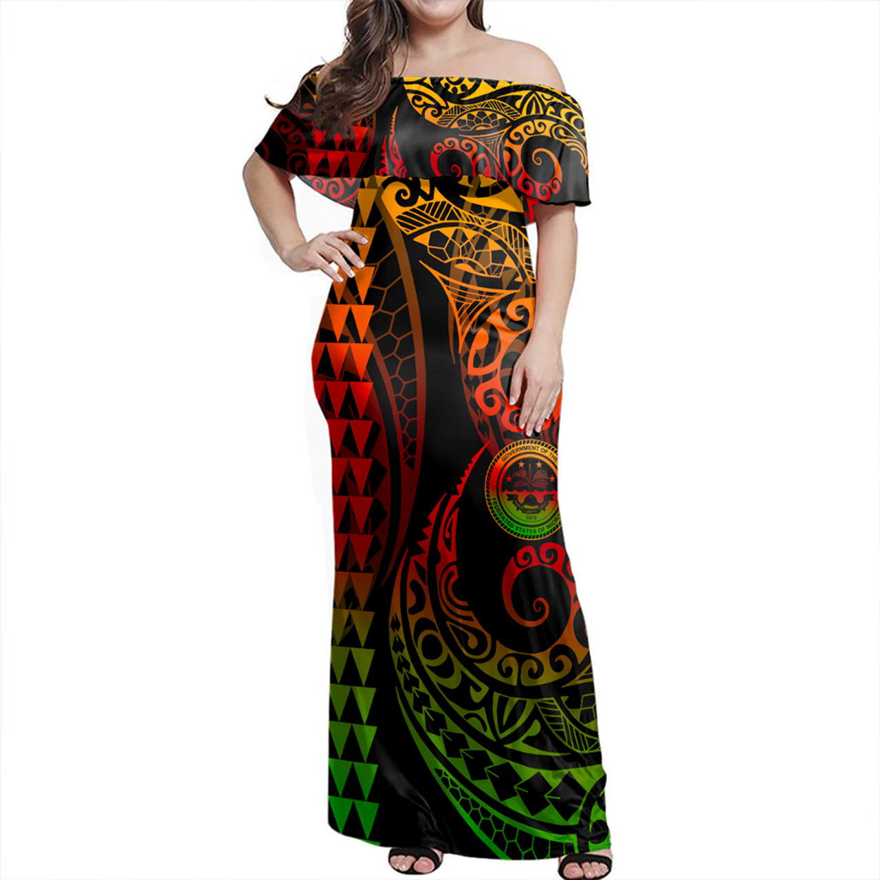 Federated States Of Micronesia Woman Off Shoulder Long Dress Coat Of Arms Kakau Style Reggae