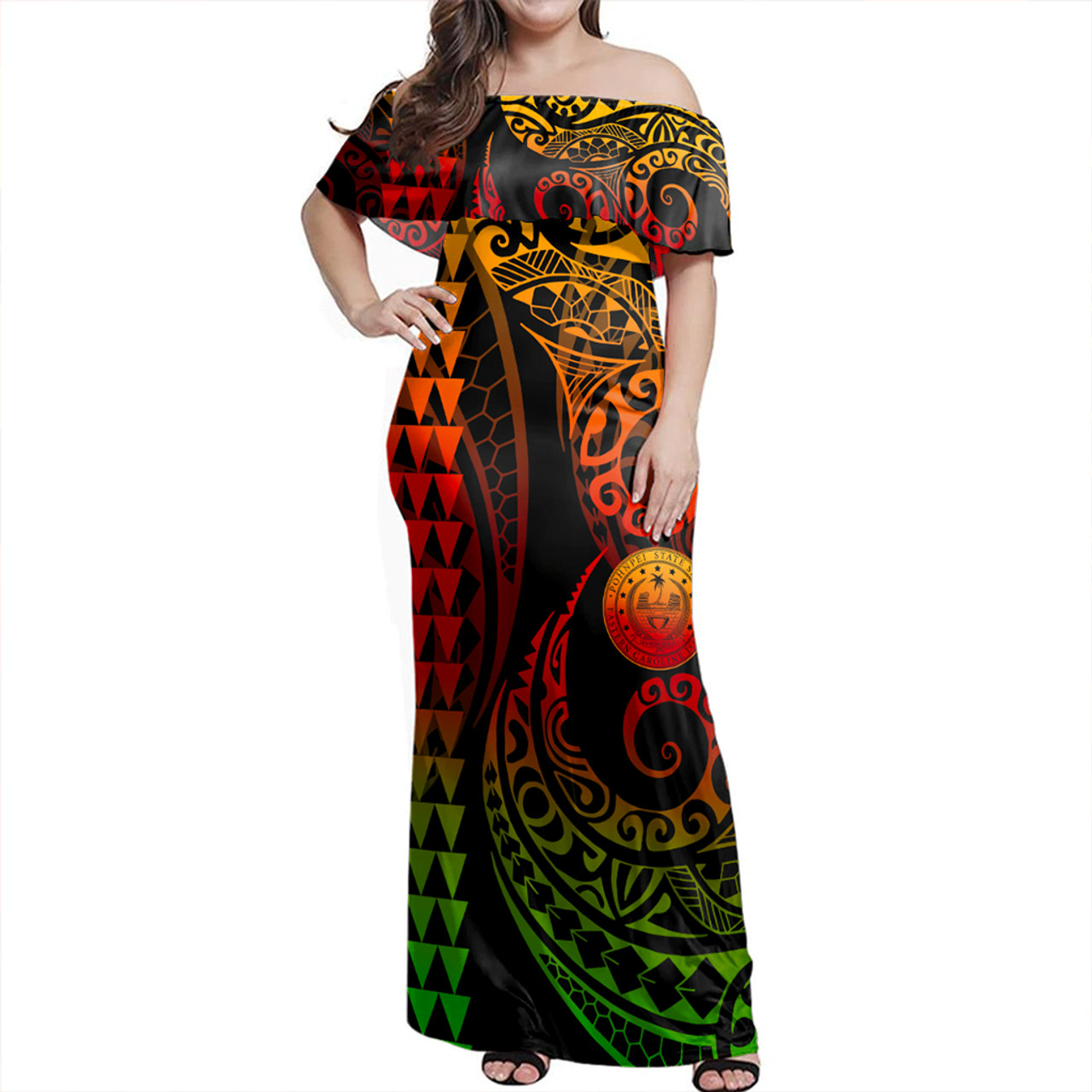 Pohnpei State Woman Off Shoulder Long Dress Coat Of Arms Kakau Style Reggae