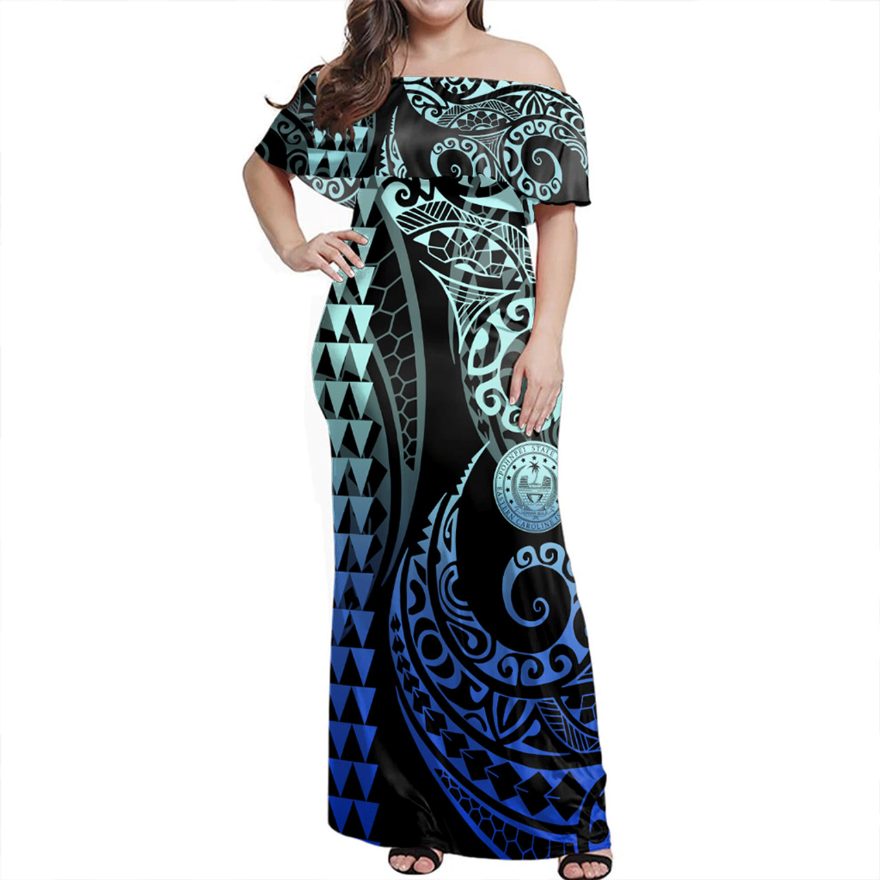 Pohnpei State Woman Off Shoulder Long Dress Coat Of Arms Kakau Style Gradient Blue