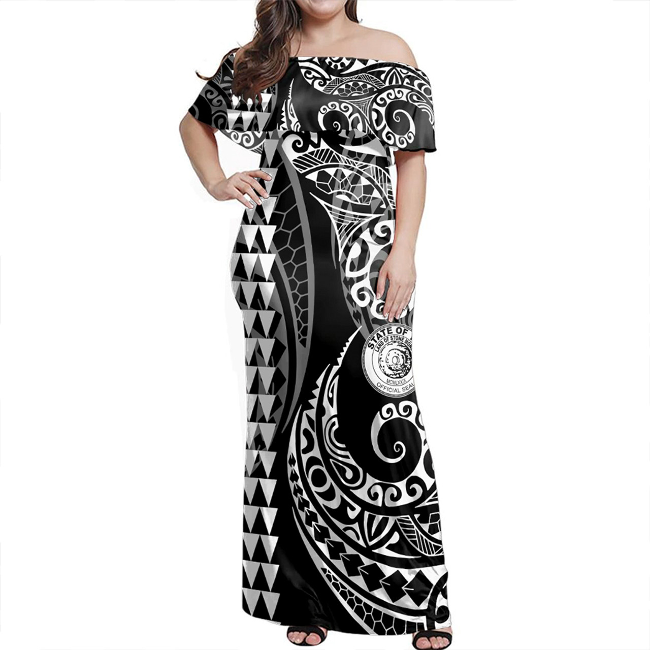 Yap State Woman Off Shoulder Long Dress Coat Of Arms Kakau Style White