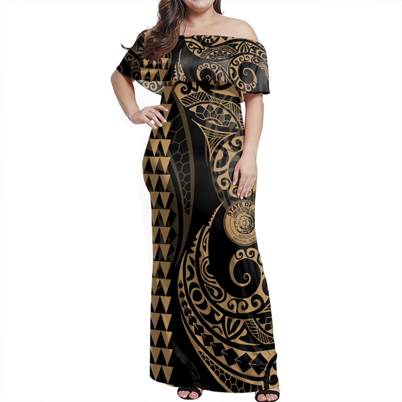 Yap State Woman Off Shoulder Long Dress Coat Of Arms Kakau Style Gold
