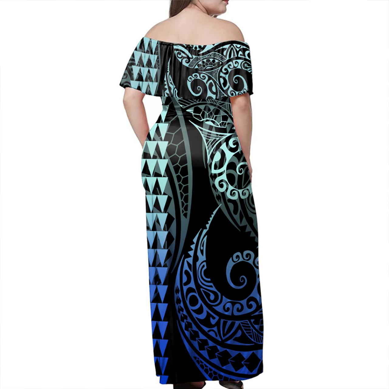 Kiribati Woman Off Shoulder Long Dress Coat Of Arms Kakau Style Gradient Blue