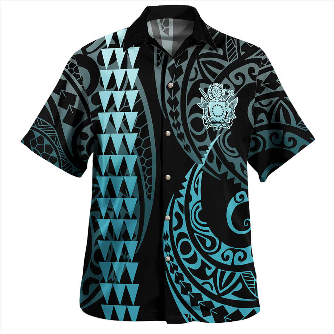 Cook Islands Combo Dress And Shirt Coat Of Arms Kakau Style Turquoise