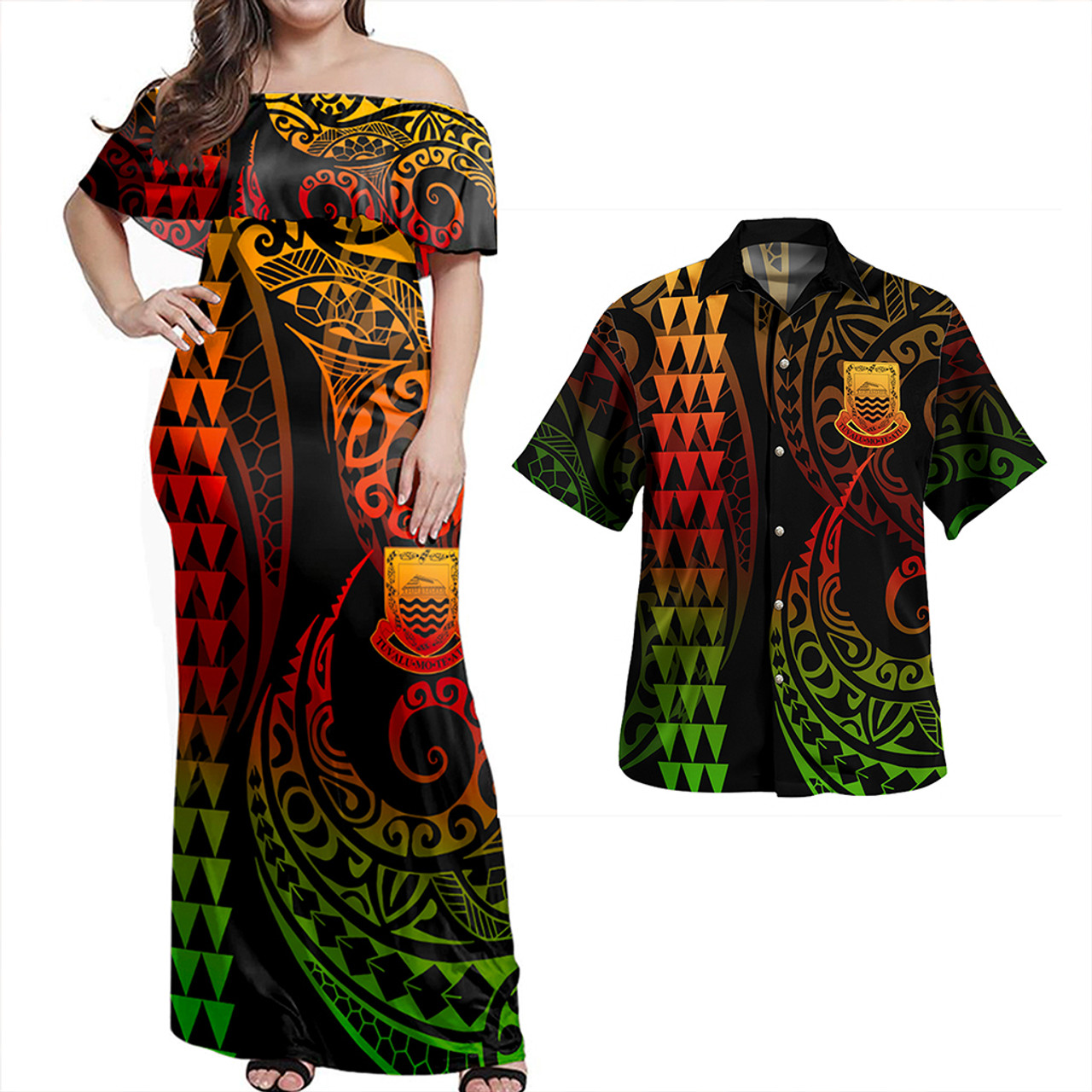 Tuvalu Combo Dress And Shirt Coat Of Arms Kakau Style Reggae