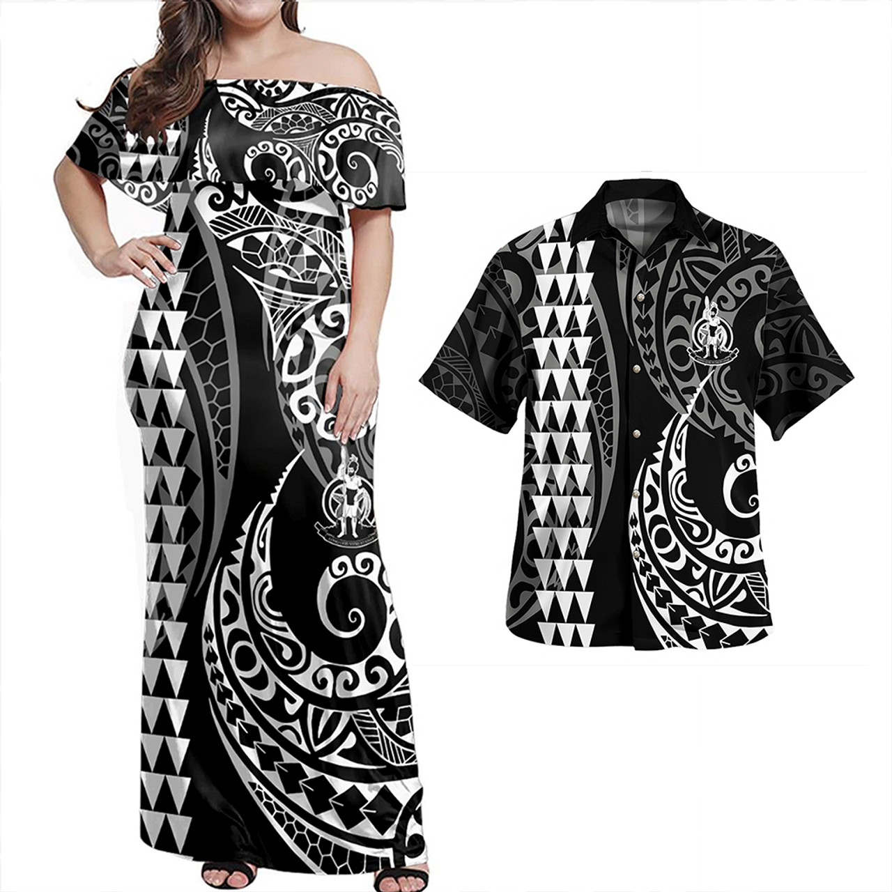 Vanuatu Combo Dress And Shirt Coat Of Arms Kakau Style White