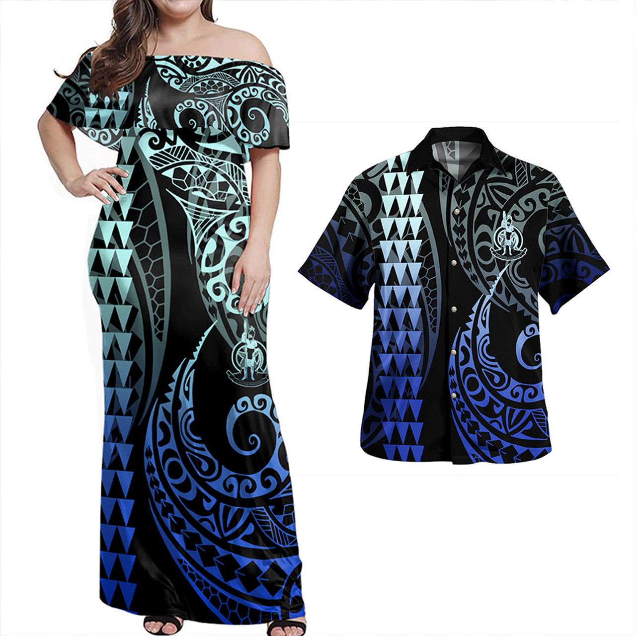 Vanuatu Combo Dress And Shirt Coat Of Arms Kakau Style Gradient Blue