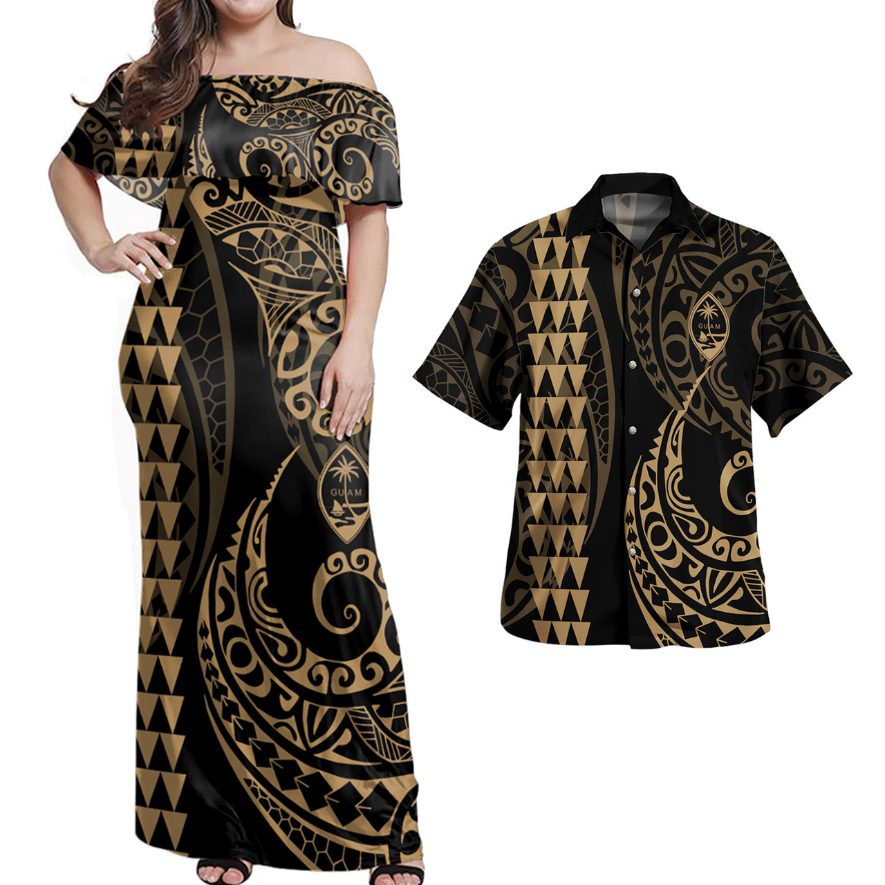 Guam Combo Dress And Shirt Coat Of Arms Kakau Style Gold