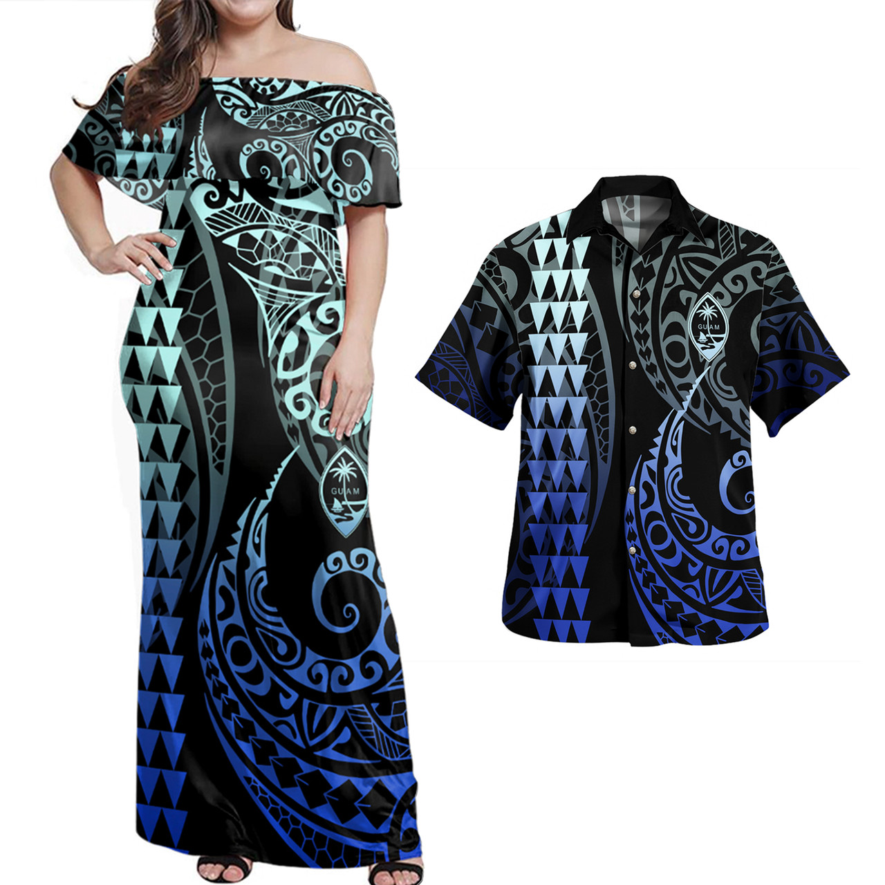 Guam Combo Dress And Shirt Coat Of Arms Kakau Style Gradient Blue