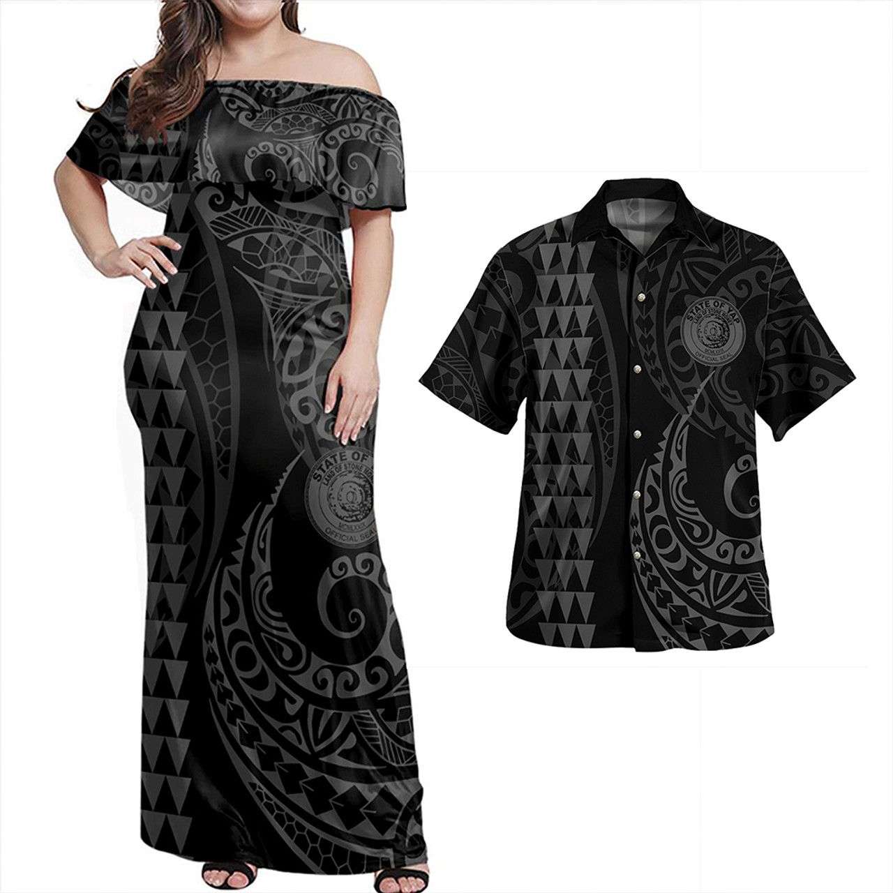 Yap State Combo Dress And Shirt Coat Of Arms Kakau Style Grey