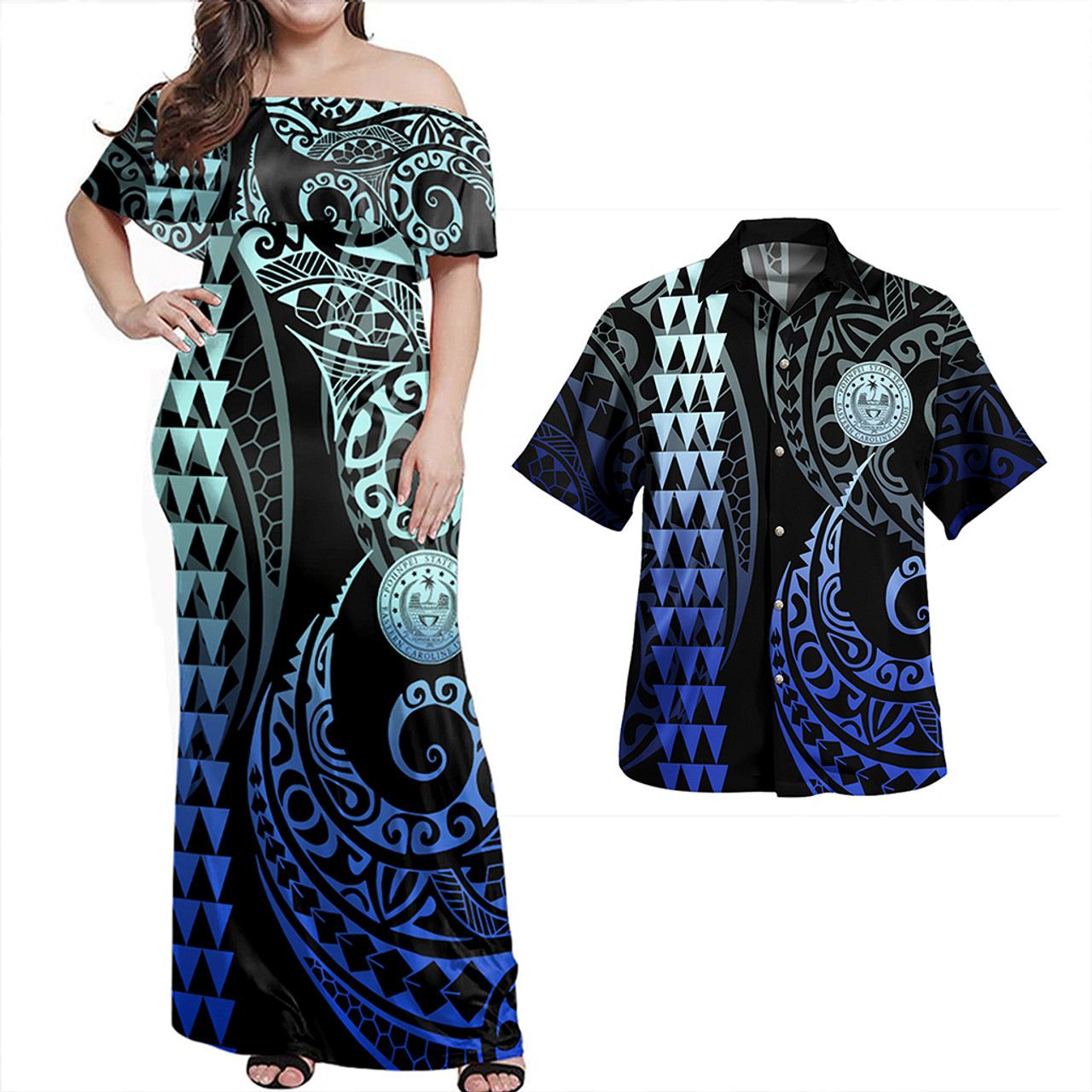 Pohnpei State Combo Dress And Shirt Coat Of Arms Kakau Style Gradient Blue