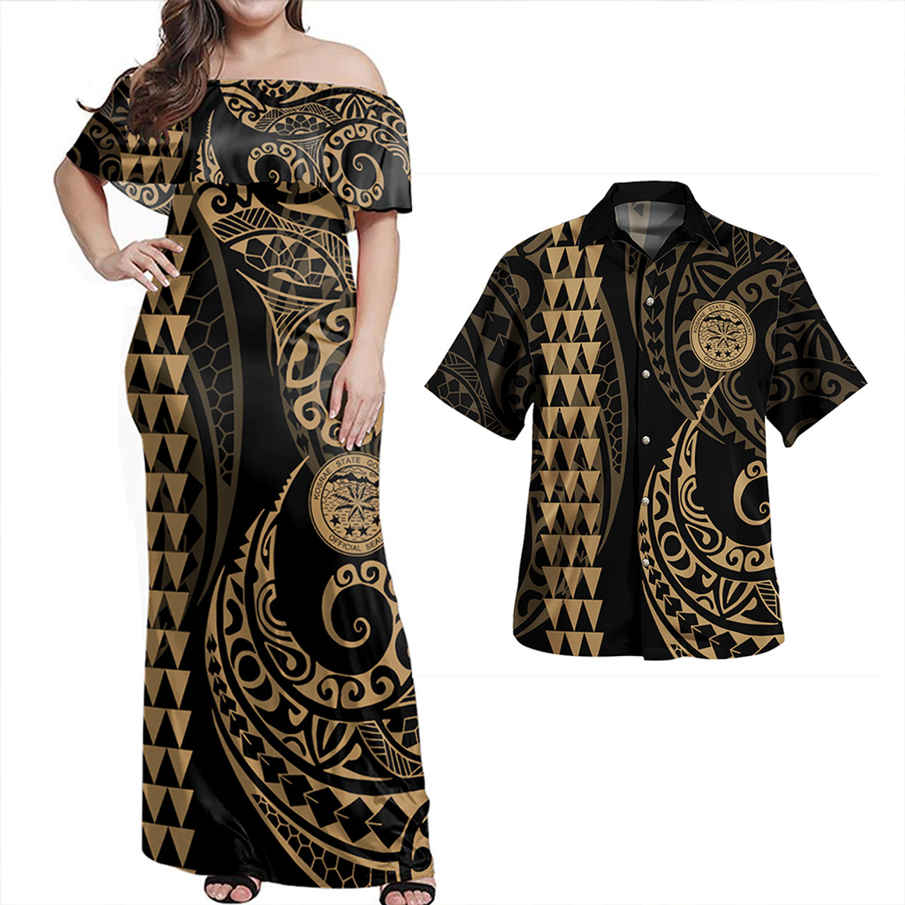 Kosrae Combo Dress And Shirt Coat Of Arms Kakau Style Gold