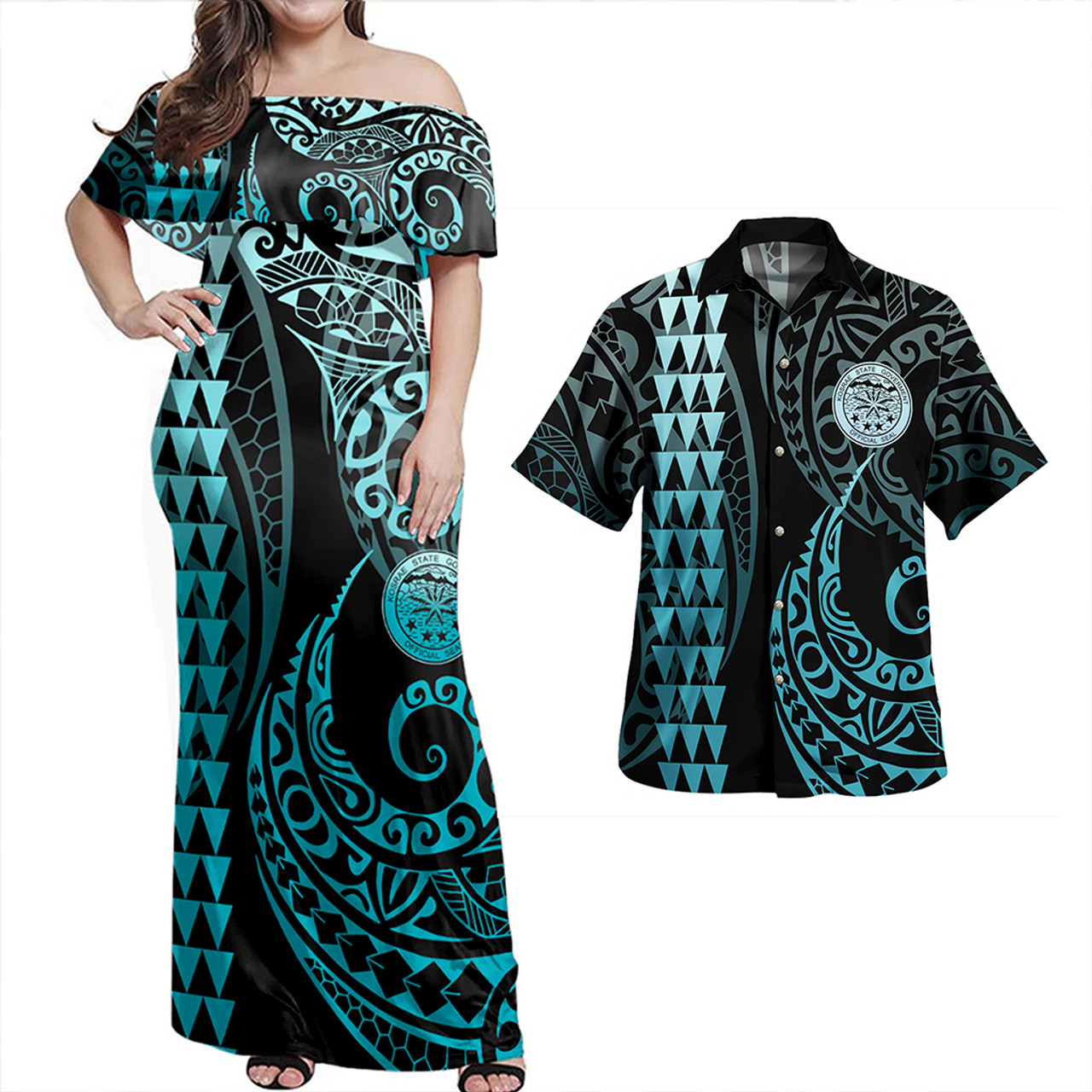 Kosrae Combo Dress And Shirt Coat Of Arms Kakau Style Turquoise