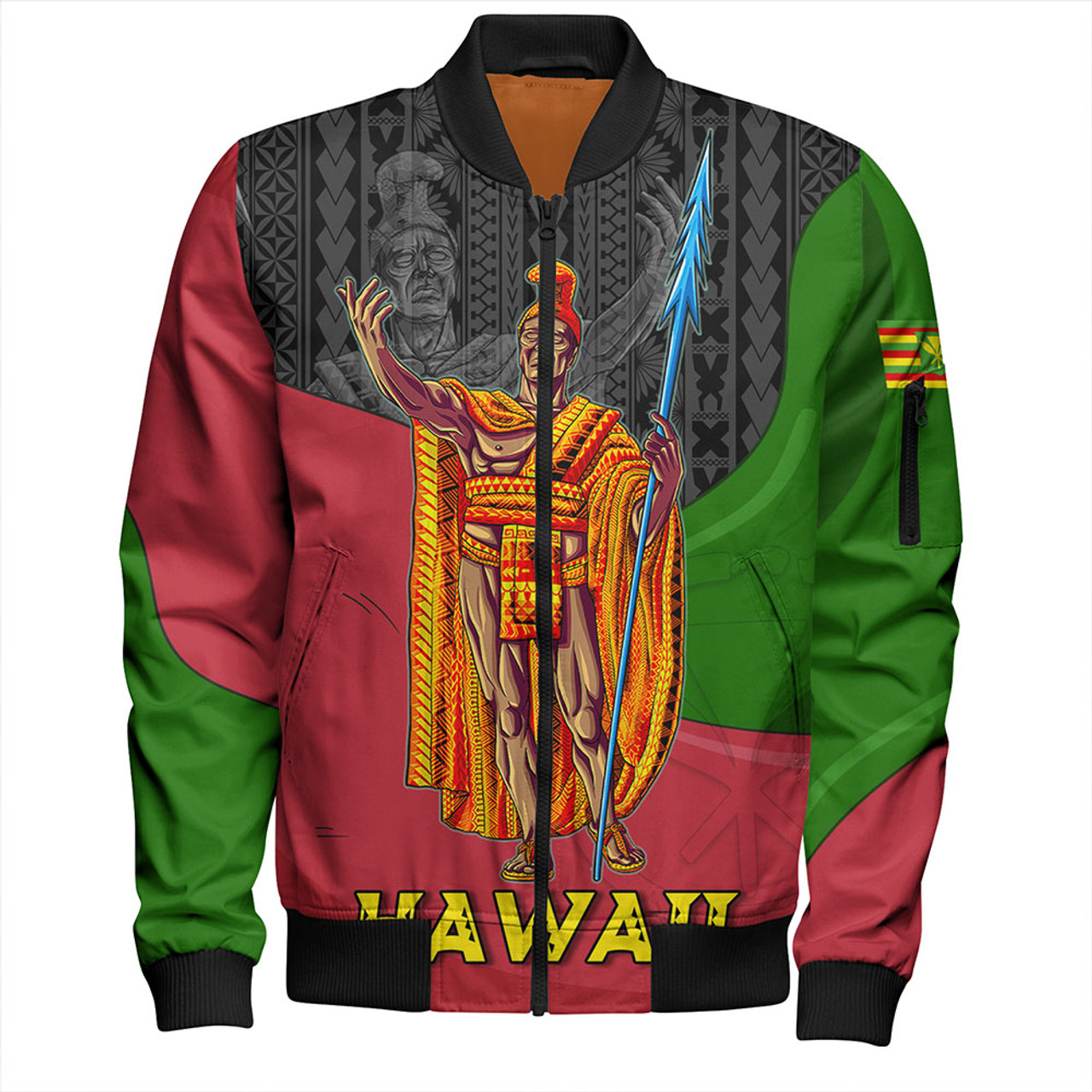 Hawaii Bomber Jacket Hawaii King With Map And Flag Tribal Patterns