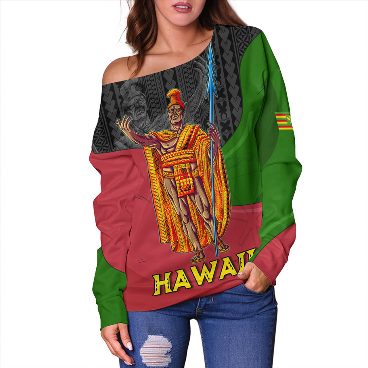 Hawaii Off Shoulder Sweatshirt Hawaii King With Map And Flag Tribal Patterns